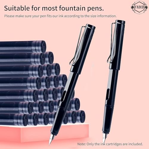 FADED Fountain Pen Ink Cartridges | Pack of 25 Standard Size Refills with 3.4mm Bore & 51mm Length | Quick-Drying Smooth Writing Ink for Fountain Pens (Black) - Image 3