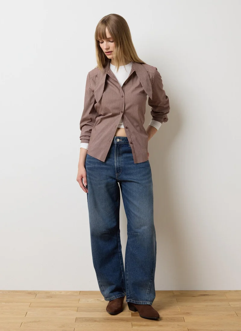 او في اس OVS Brown Striped Cotton-Blend Shirt With Oversized Fit