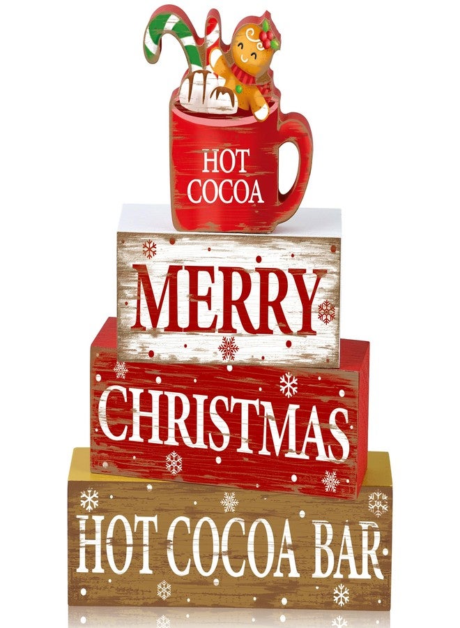 Fairooth 4 Pcs Christmas Wooden Tabletop Decorations Rustic Hot Cocoa Wood Block Sign Farmhouse Merry Christmas Table Centerpiece for Xmas Winter Holiday Home Kitchen Table Shelf Tiered Tray Decoration - Image 1