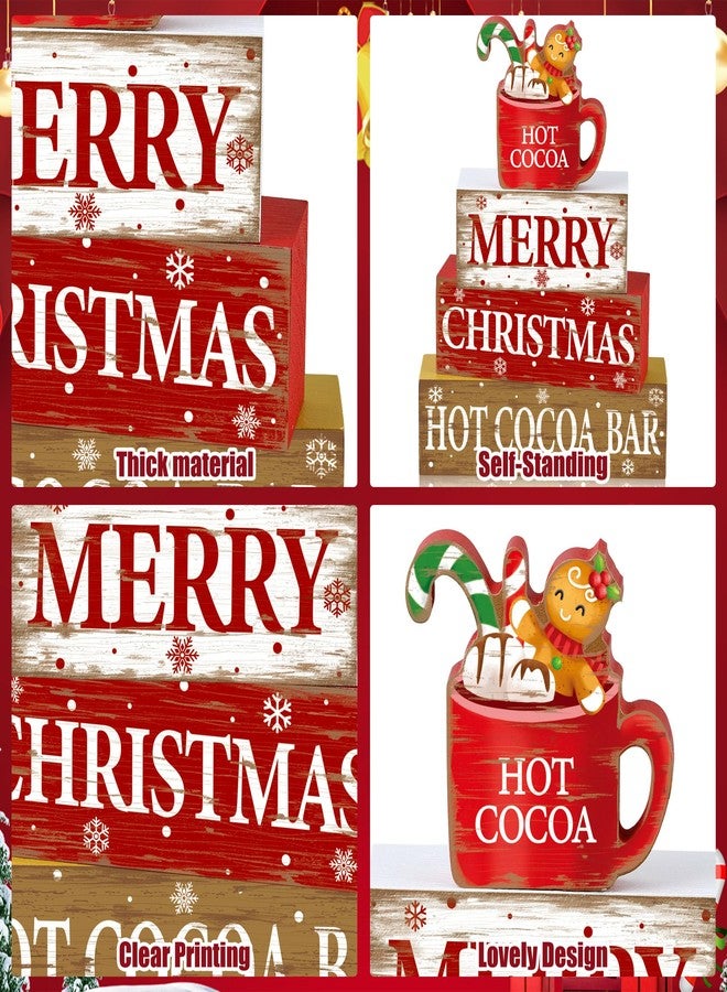 Fairooth 4 Pcs Christmas Wooden Tabletop Decorations Rustic Hot Cocoa Wood Block Sign Farmhouse Merry Christmas Table Centerpiece for Xmas Winter Holiday Home Kitchen Table Shelf Tiered Tray Decoration - Image 3