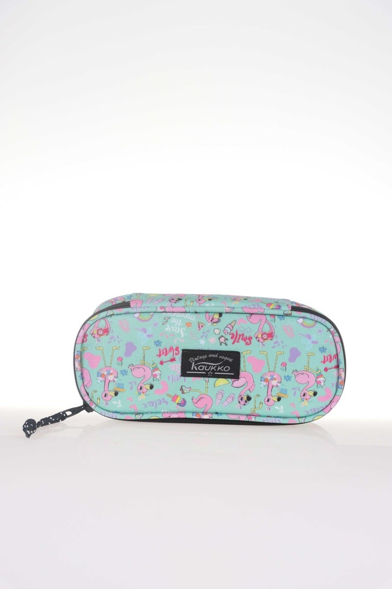 KAUKKO Nature Pencil Bag with Special Compartment Flamingo Mint K2329 - Image 1