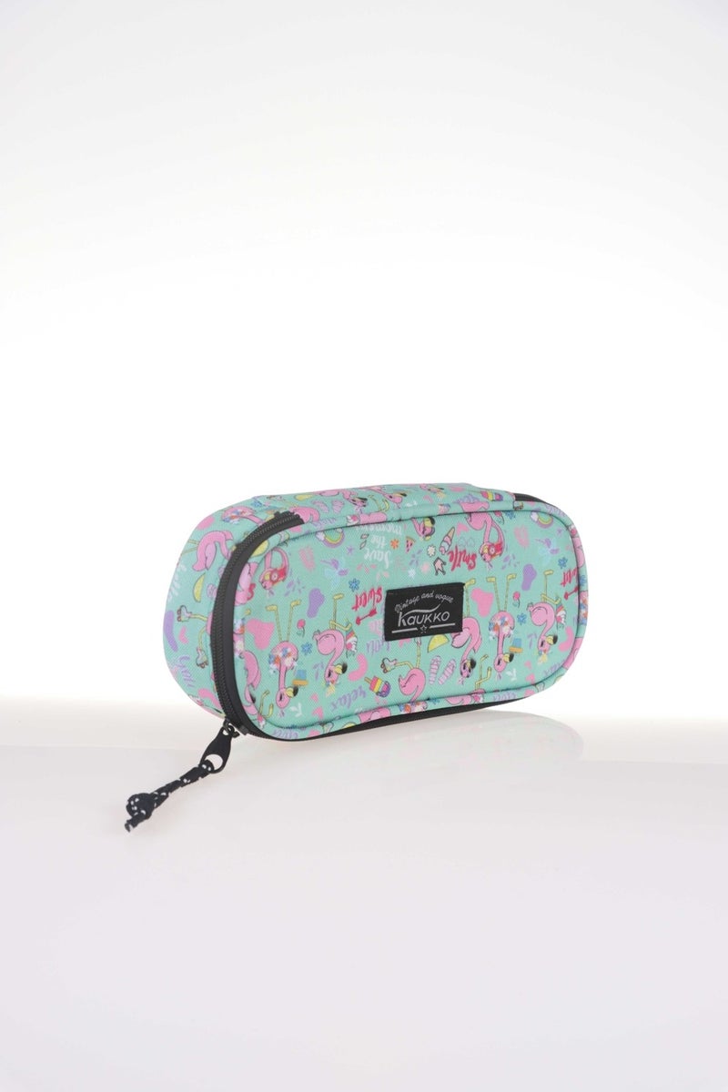 KAUKKO Nature Pencil Bag with Special Compartment Flamingo Mint K2329 - Image 2