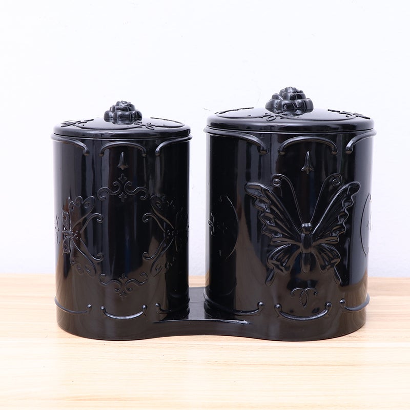 Vintage Transparent Cosmetic Storage Case Swab Dispenser Round Container Eyebrow Pencil Holder Scissors Combs Jar Makeup Organizer with 2 Round Compartments and Lids (Black) - Image 3