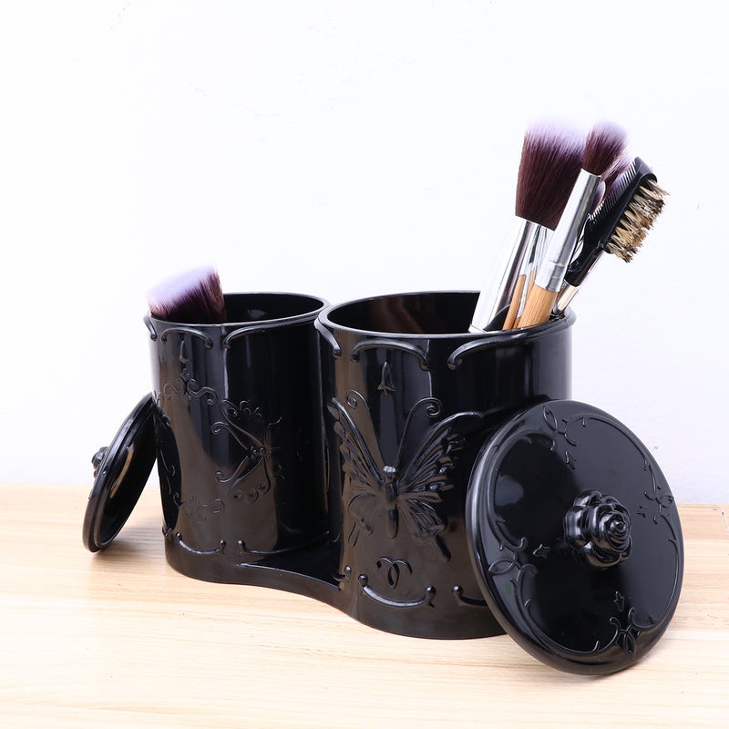 Vintage Transparent Cosmetic Storage Case Swab Dispenser Round Container Eyebrow Pencil Holder Scissors Combs Jar Makeup Organizer with 2 Round Compartments and Lids (Black) - Image 4