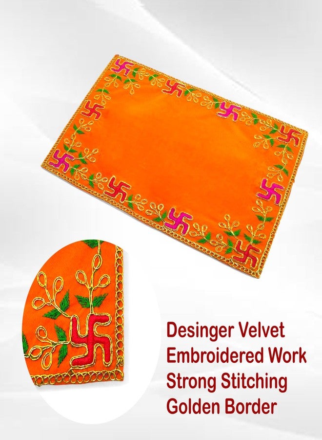 Achleshwar Velvet Pooja Aasan | Designer Embroidered Chowki Cloth | Soft Decorative Mandir Altar Cover | Premium Festive Use | Orange | 4 x 6 Inch (Pack of 1) - Image 3