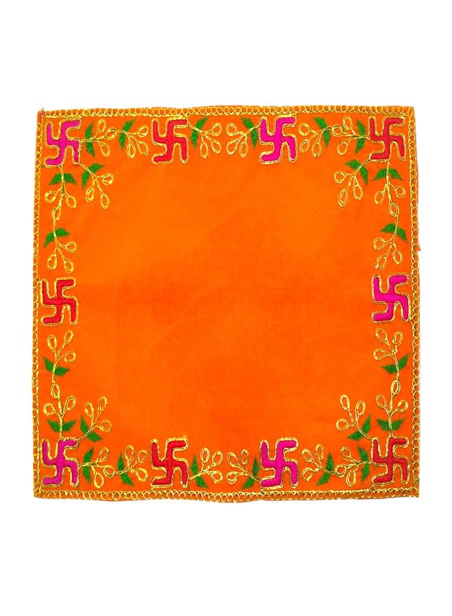 Achleshwar Velvet Pooja Aasan | Designer Embroidered Chowki Cloth | Soft Decorative Mandir Altar Cover | Premium Festive Use | Orange | 4 x 6 Inch (Pack of 1) - Image 1