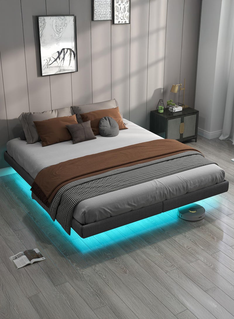 يانارا هيكل سرير معلق بإطار محيط مبطّن وإضاءة LED، منصة سرير معدنية مع تخزين تحت السرير، مدعوم بدعامات فولاذية ثقيلة، لا حاجة لسرير نابضي، تصميم مقاوم للضوضاء، تركيب سهل، باللون الرمادي - Image 1