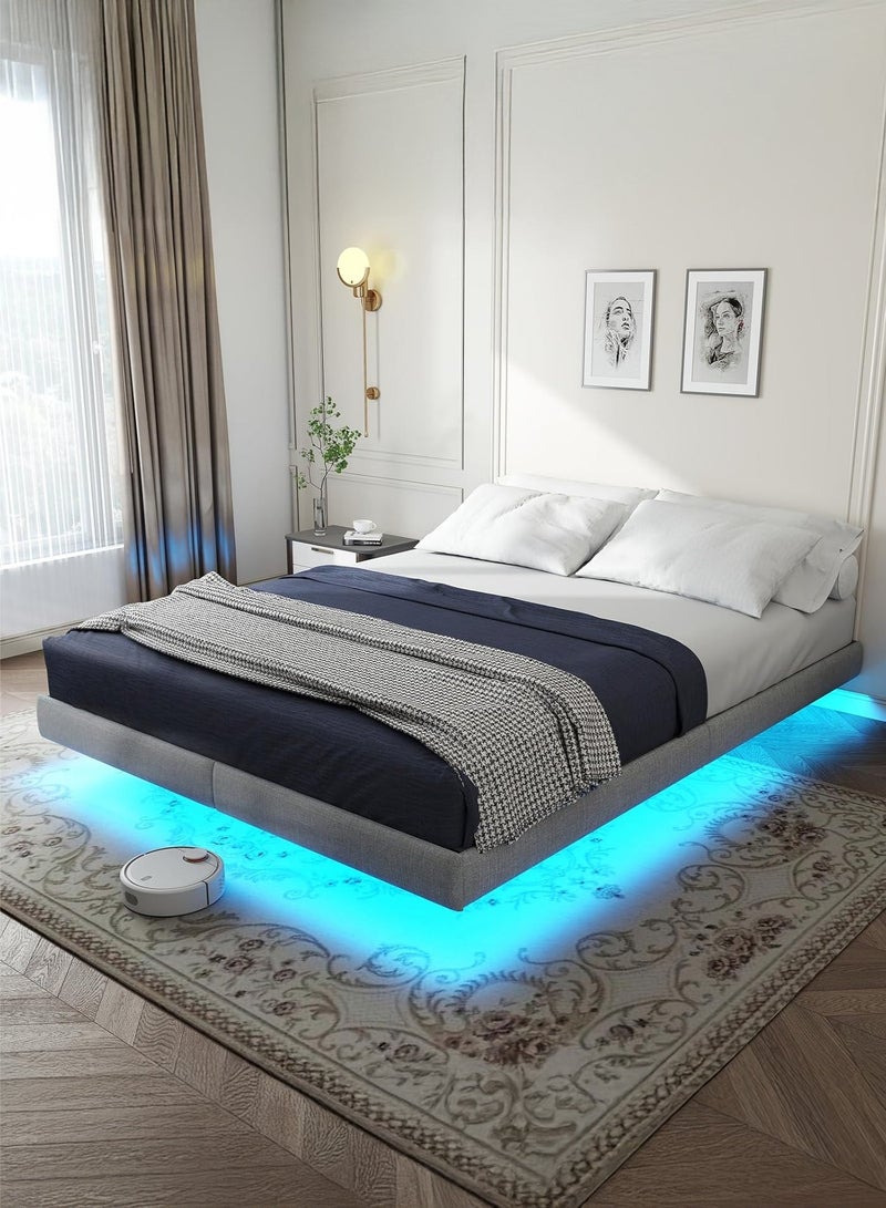 يانارا هيكل سرير معلق بإطار محيط مبطّن وإضاءة LED، منصة سرير معدنية مع تخزين تحت السرير، مدعوم بدعامات فولاذية ثقيلة، لا حاجة لسرير نابضي، تصميم مقاوم للضوضاء، تركيب سهل، باللون الرمادي - Image 2