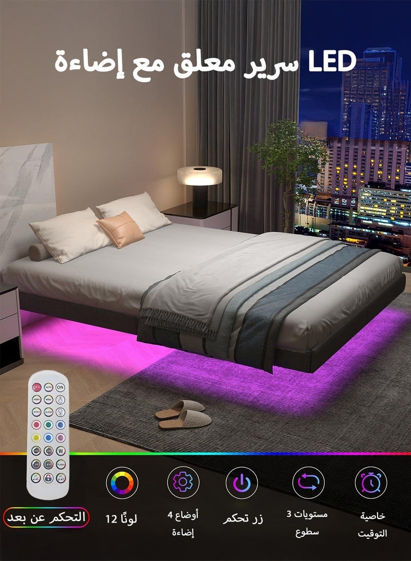 يانارا هيكل سرير معلق بإطار محيط مبطّن وإضاءة LED، منصة سرير معدنية مع تخزين تحت السرير، مدعوم بدعامات فولاذية ثقيلة، لا حاجة لسرير نابضي، تصميم مقاوم للضوضاء، تركيب سهل، باللون الرمادي - Image 3