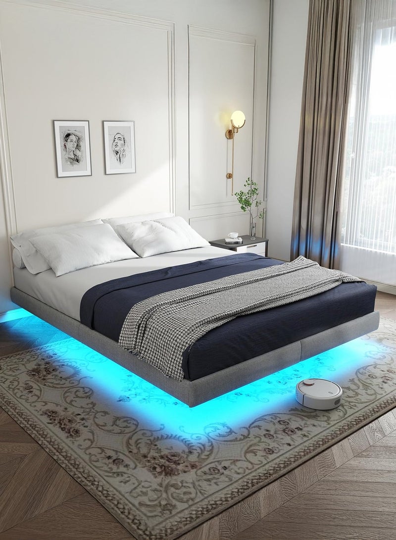 يانارا هيكل سرير معلق بإطار محيط مبطّن وإضاءة LED، منصة سرير معدنية (مقاسات: توين/كوين/كينغ) مع تخزين تحت السرير، مدعوم بدعامات فولاذية ثقيلة، لا حاجة لسرير نابضي، تصميم مقاوم للضوضاء، تركيب سهل، باللون الرمادي - Image 1