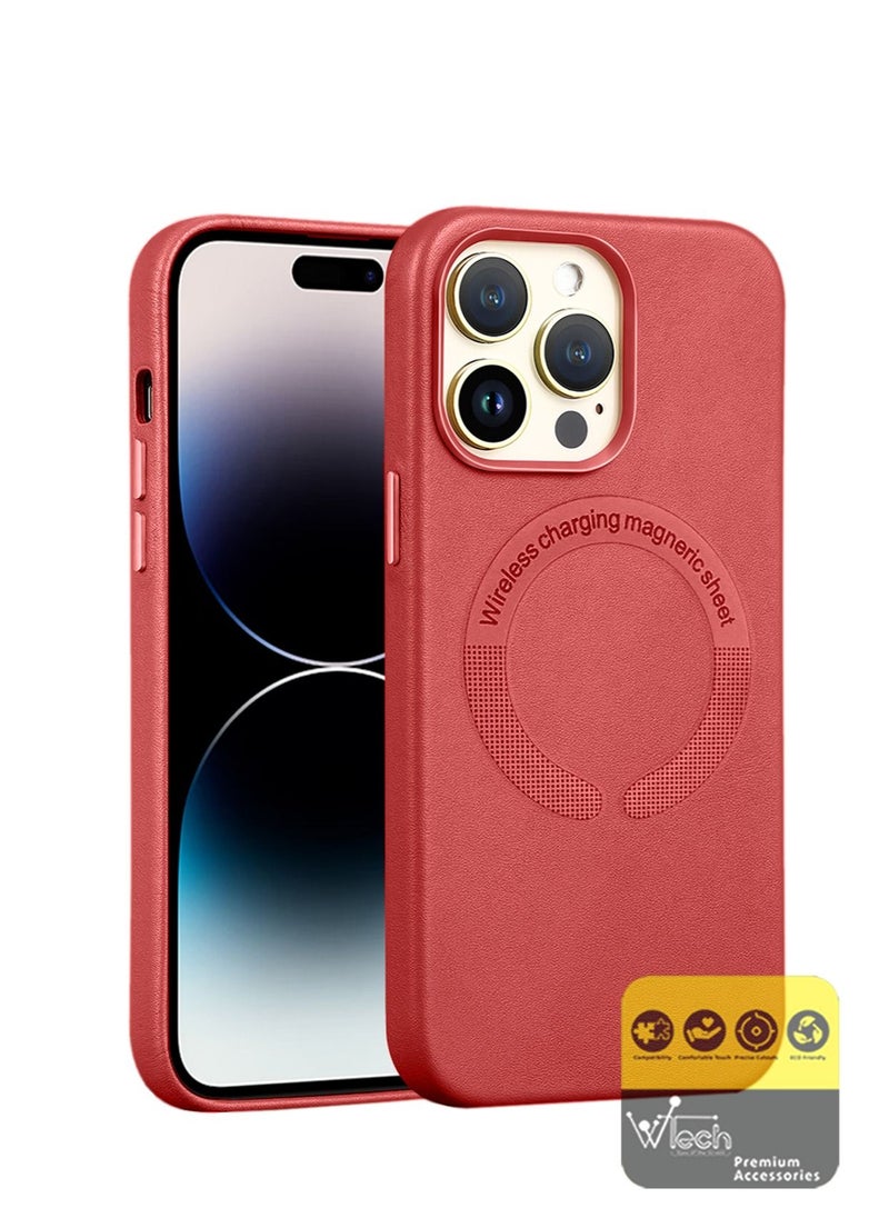 Wtech - Luxury Leather MagSafe Magnetic Wireless Charging And Shockproof Case Cover For Apple iPhone 14 Pro 6.1 Inch Red - Image 1