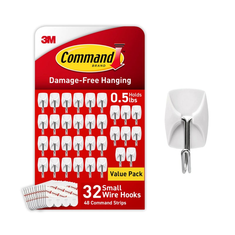 Command Small Wire Toggle Hooks, 32 Count, and 48 Strips, Damage Free Hanging Wall Hooks with Adhesive Strips, No Tools Required for Hanging, Organization and Storage, Holds up to 0.5 lb - Image 1