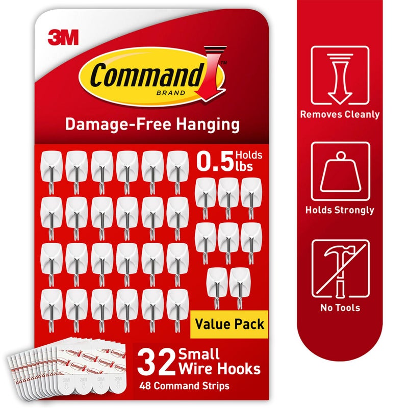 Command Small Wire Toggle Hooks, 32 Count, and 48 Strips, Damage Free Hanging Wall Hooks with Adhesive Strips, No Tools Required for Hanging, Organization and Storage, Holds up to 0.5 lb - Image 3