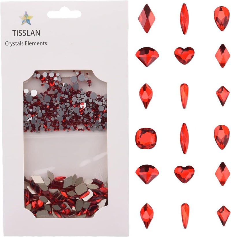 Tisslan 100pcs Glass Red Nail Rhinestones Shapes Mix 720pcs Flat Back Crystal Gem Stones Nail Decoration Charms Bulk Pack Supply - Image 1