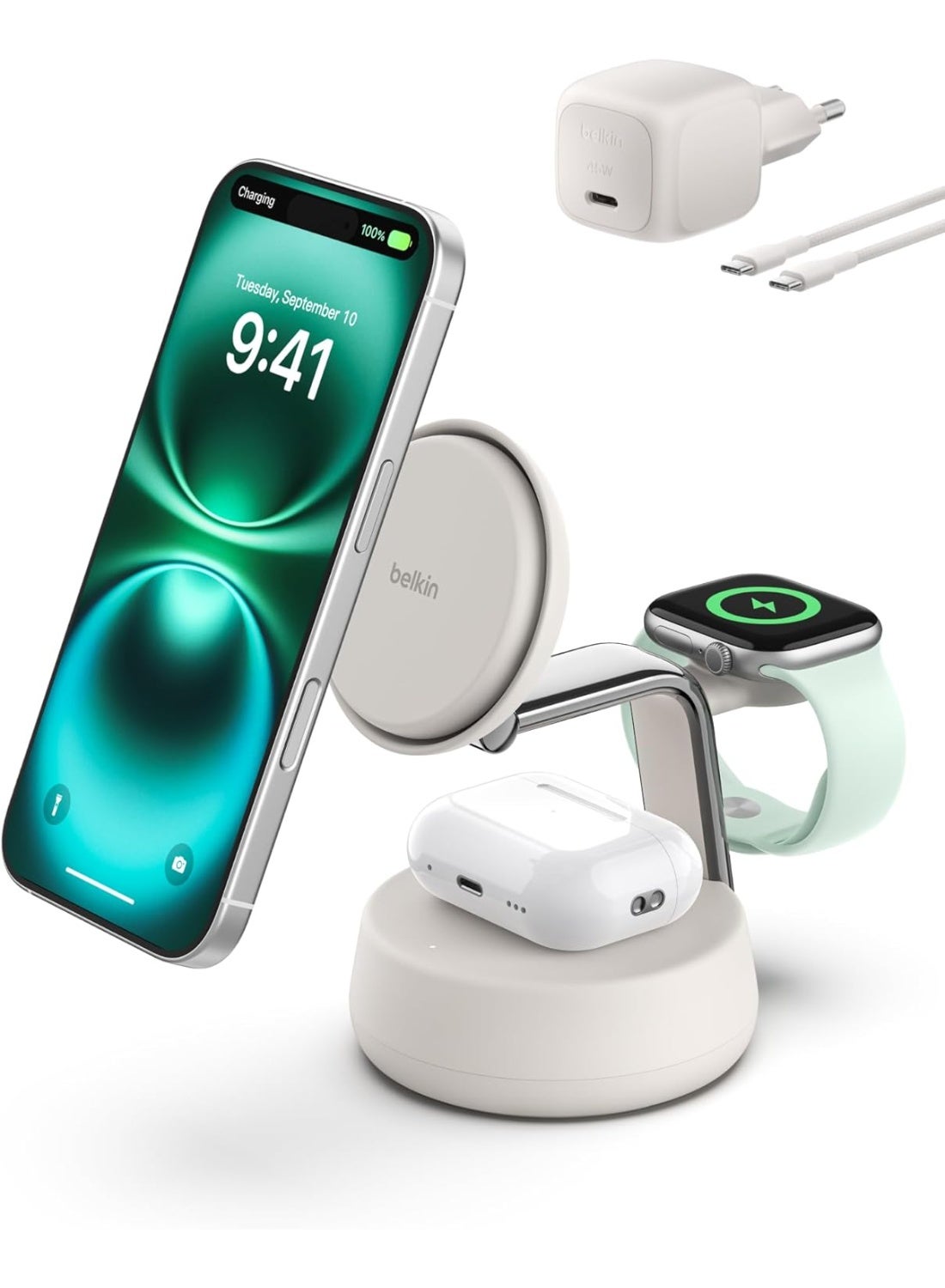 belkin UltraCharge Pro Wireless Charging Station 25W, 3-in-1 Qi2.2 Certified MagSafe Compatible Charger for iPhone 17, Air, Apple Watch, AirPods, Pixelsnap, with Cooling Fan, 45W Adapter - Sand White