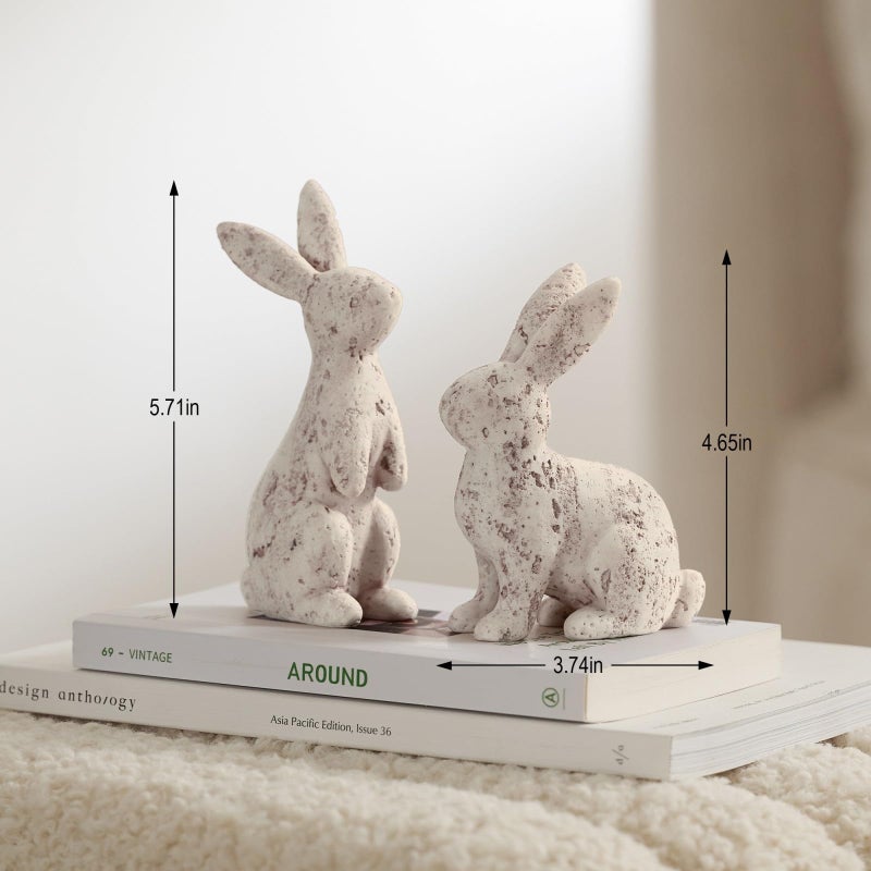 DN DECONATION Easter Bunny Decorations Set of 2, Beige Resin Rabbit Statues, Home Decor Spring Rabbit Figurines, Travertine Bunny Sculptures Table Centerpiece, Vintage Farmhouse Indoor Decor Gift - Image 2