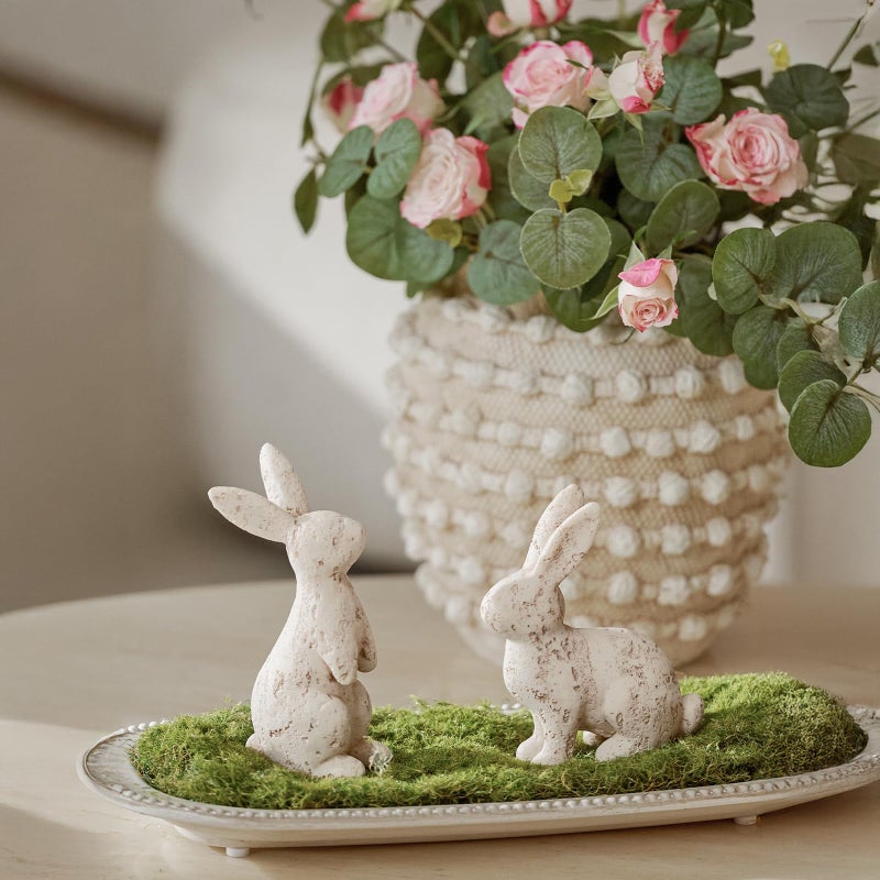 DN DECONATION Easter Bunny Decorations Set of 2, Beige Resin Rabbit Statues, Home Decor Spring Rabbit Figurines, Travertine Bunny Sculptures Table Centerpiece, Vintage Farmhouse Indoor Decor Gift - Image 3