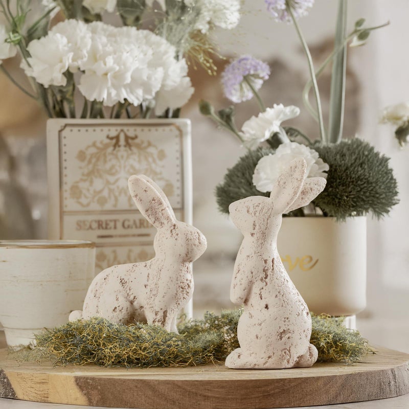 DN DECONATION Easter Bunny Decorations Set of 2, Beige Resin Rabbit Statues, Home Decor Spring Rabbit Figurines, Travertine Bunny Sculptures Table Centerpiece, Vintage Farmhouse Indoor Decor Gift - Image 4