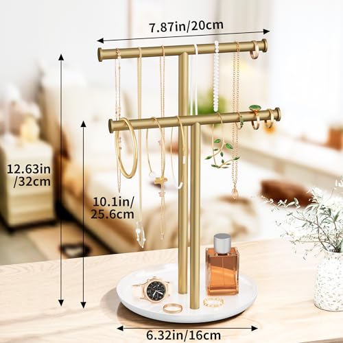 Jasopaco Gold Necklace Rack Stand with Storage Tray - 2 Rods T-Shaped Jewelry Holder Stand for Bracelets, Earrings, Rings | Elegant Vanity & Dresser Top Storage for Women. - Image 5