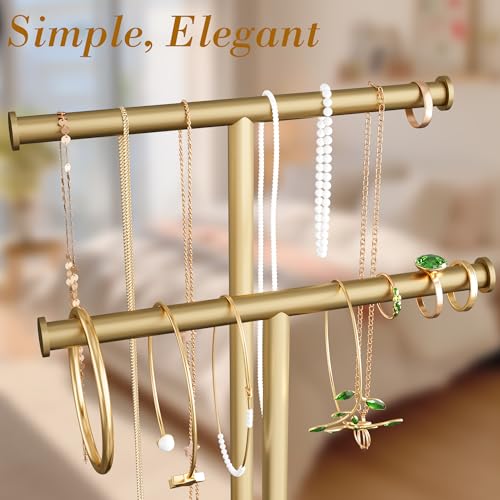 Jasopaco Gold Necklace Rack Stand with Storage Tray - 2 Rods T-Shaped Jewelry Holder Stand for Bracelets, Earrings, Rings | Elegant Vanity & Dresser Top Storage for Women. - Image 3