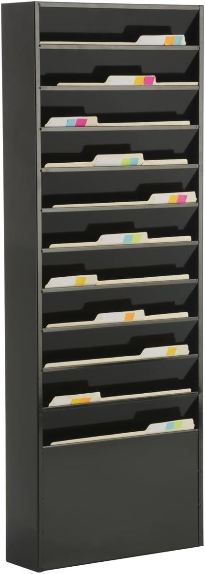 Displays2go File Folder Wall Rack with 11 Tiered Pockets Shows Only The Top Portion of a File Folder Office Filing Rack for Wall Mount  Black PowderCoated Steel - Image 2