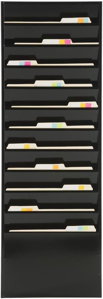 Displays2go File Folder Wall Rack with 11 Tiered Pockets Shows Only The Top Portion of a File Folder Office Filing Rack for Wall Mount  Black PowderCoated Steel - Image 3