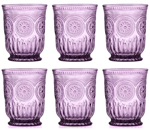 Yungala Purple Glassware, set of 6 purple drinking glasses small textured colored vintage glass cups 8 oz purple water glasses - Image 1