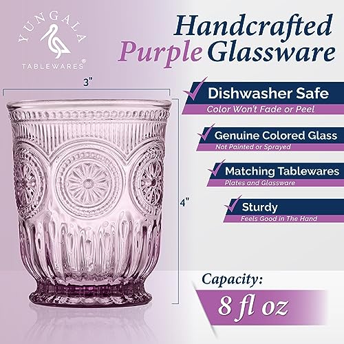 Yungala Purple Glassware, set of 6 purple drinking glasses small textured colored vintage glass cups 8 oz purple water glasses - Image 2