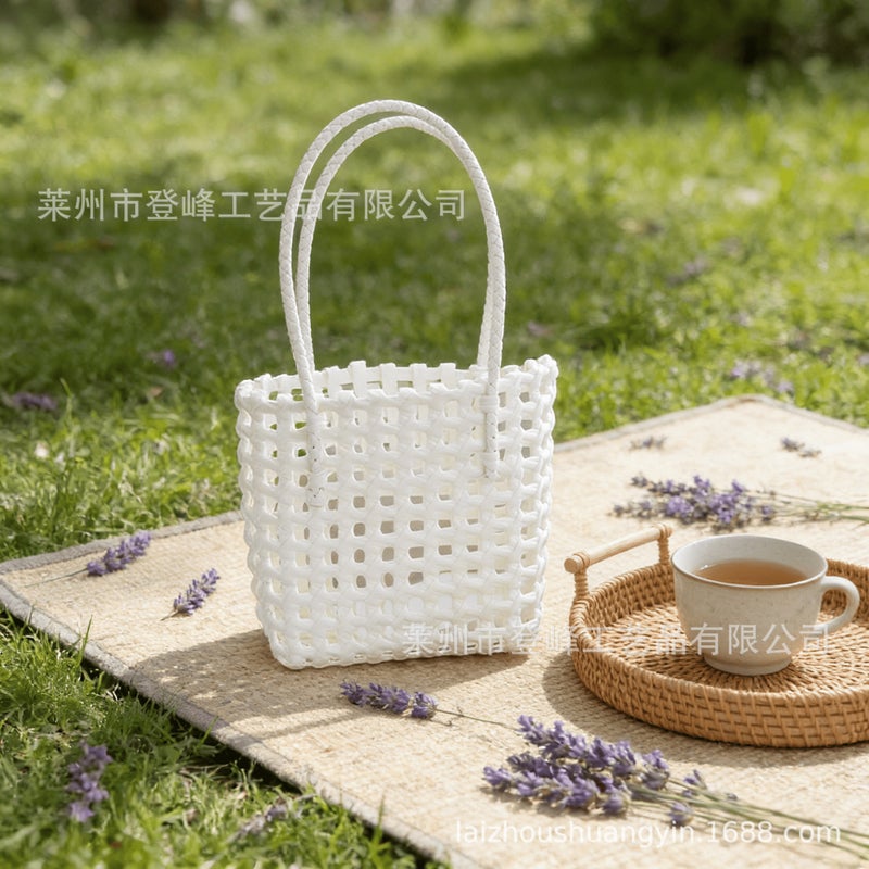 Korean-Style Hollow-Out Imitation Rattan Hand-Woven Vegetable Basket Waterproof Picnic Beach Vacation Bath Basket Handbag - Image 3