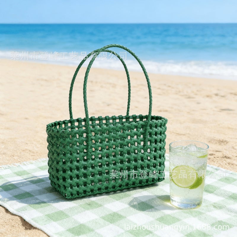 Korean-Style Hollow-Out Imitation Rattan Hand-Woven Vegetable Basket Waterproof Picnic Beach Vacation Bath Basket Handbag - Image 1