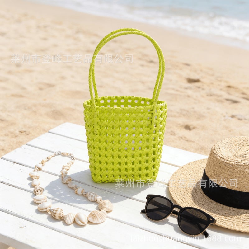 Korean-Style Hollow-Out Imitation Rattan Hand-Woven Vegetable Basket Waterproof Picnic Beach Vacation Bath Basket Handbag - Image 5