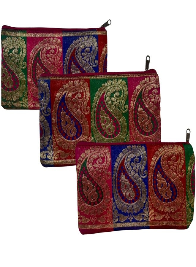 SwapKreations Premium Zari Design Zipper Pouch | Multi-Colour | Set of 3 | Ethnic Wedding Gift, Makeup, Coin & Travel Organizer - Image 1