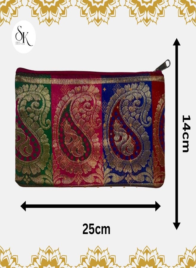 SwapKreations Premium Zari Design Zipper Pouch | Multi-Colour | Set of 3 | Ethnic Wedding Gift, Makeup, Coin & Travel Organizer - Image 5