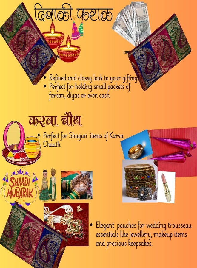 SwapKreations Premium Zari Design Zipper Pouch | Multi-Colour | Set of 3 | Ethnic Wedding Gift, Makeup, Coin & Travel Organizer - Image 2