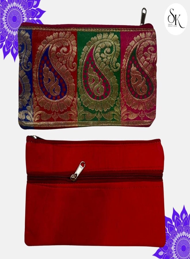 SwapKreations Premium Zari Design Zipper Pouch | Multi-Colour | Set of 3 | Ethnic Wedding Gift, Makeup, Coin & Travel Organizer - Image 3