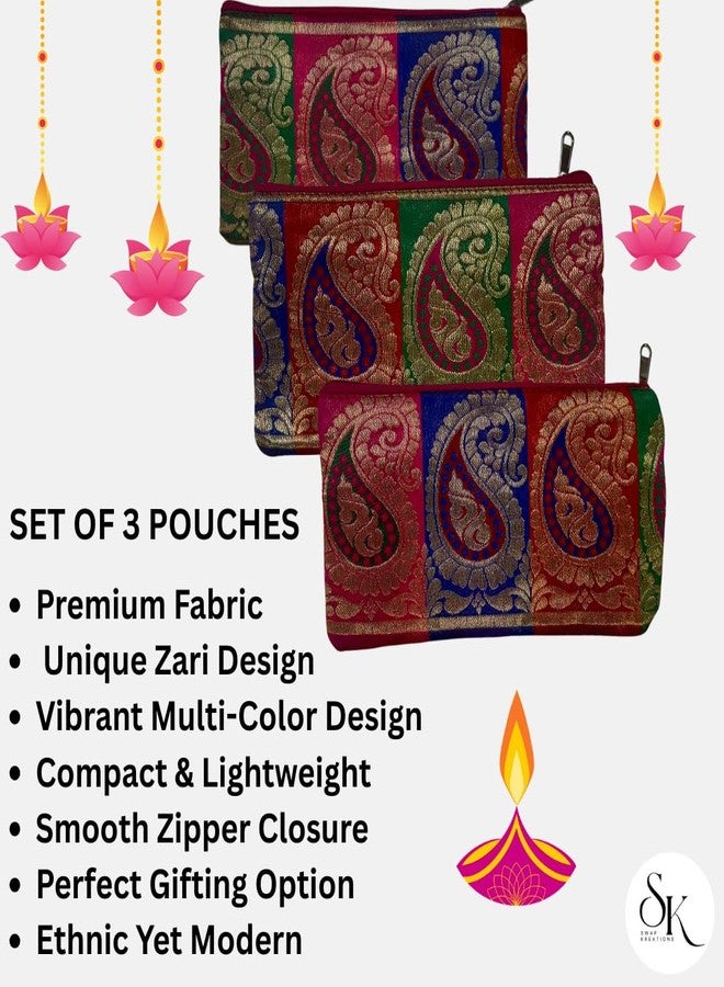 SwapKreations Premium Zari Design Zipper Pouch | Multi-Colour | Set of 3 | Ethnic Wedding Gift, Makeup, Coin & Travel Organizer - Image 4