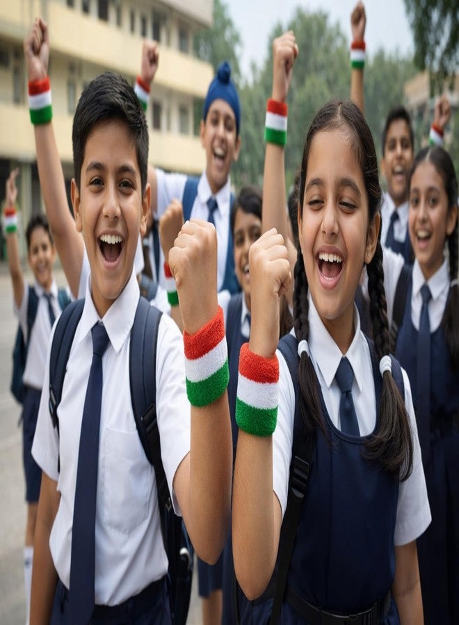 RAHI INDIA سوار معصم رياضي ثلاثي الألوان من RAHI INDIA | سوار معصم رياضي بألوان علم الهند مناسب للصالة الرياضية، واليوغا، والجري، والكريكيت، والمناسبات الوطنية، وفرقة تيرانجا، ويوم الاستقلال، ويوم الجمهورية، والفعاليات المدرسية (عبوة من 24 قطعة) - Image 2