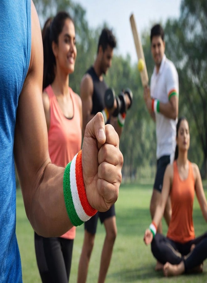 RAHI INDIA سوار معصم رياضي ثلاثي الألوان من RAHI INDIA | سوار معصم رياضي بألوان علم الهند مناسب للصالة الرياضية، واليوغا، والجري، والكريكيت، والمناسبات الوطنية، وفرقة تيرانجا، ويوم الاستقلال، ويوم الجمهورية، والفعاليات المدرسية (عبوة من 24 قطعة) - Image 3