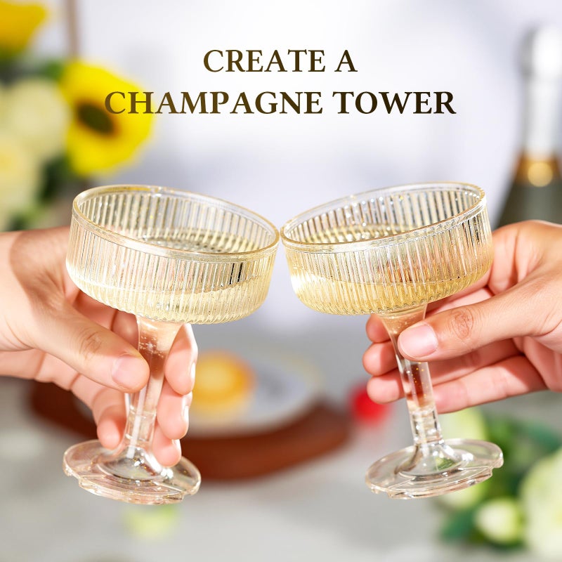 Goodluck 4-Tier Champagne Glasses - 20 PCS 7oz Glitter Gold Plastic Champagne Flutes,Plastic Coupe Glasses with Vertical Stripes for Weddings, Celebrations, Parties & Birthdays - Image 2