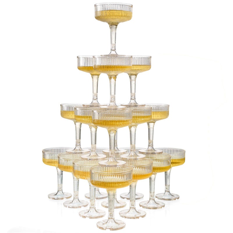 Goodluck 4-Tier Champagne Glasses - 20 PCS 7oz Glitter Gold Plastic Champagne Flutes,Plastic Coupe Glasses with Vertical Stripes for Weddings, Celebrations, Parties & Birthdays - Image 1