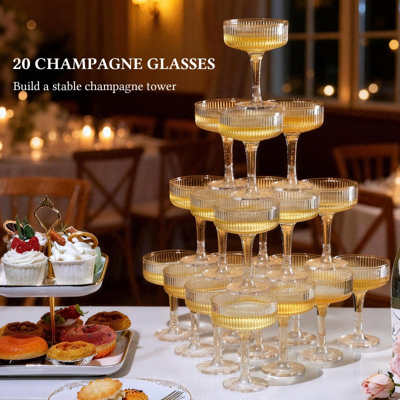 Goodluck 4-Tier Champagne Glasses - 20 PCS 7oz Glitter Gold Plastic Champagne Flutes,Plastic Coupe Glasses with Vertical Stripes for Weddings, Celebrations, Parties & Birthdays - Image 3