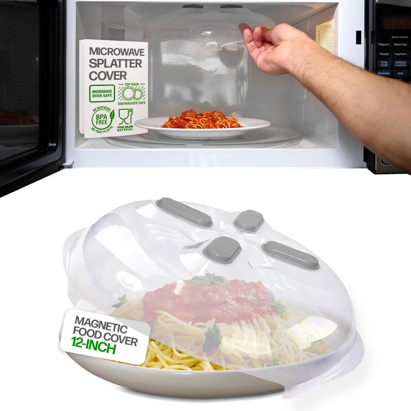 HOVER COVER Magnetic Splatter Cover 12Inch Clear BPAFree Food Lid Vented Plate Guard with Steam Vents AntiSplash Microwave Lid Dishwasher Safe SpaceSaving Magnetic Storage Gray