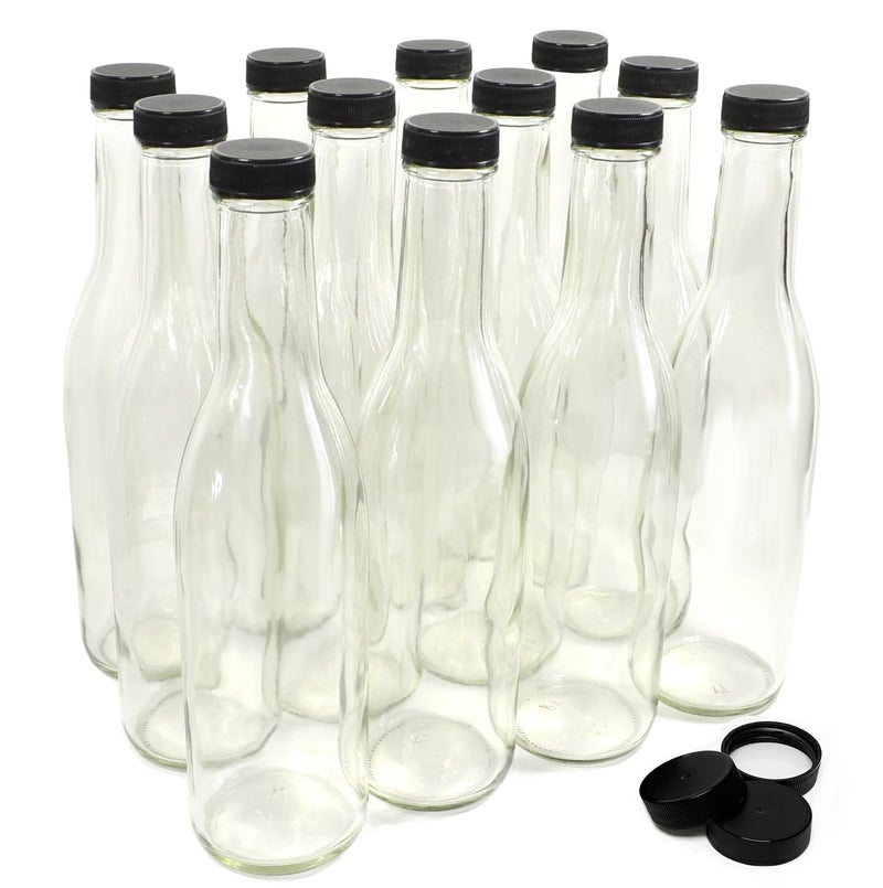 nicebottles - Clear Glass Woozy Bottles, 12 Oz (375ml) - Case of 12 Lovely Bottles Packed in Sturdy Box with 15 Black Screw Caps (Yes, That's 3 Extra Caps!) - Image 1