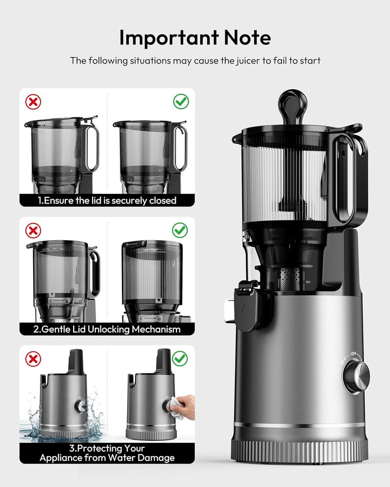 EUHOMY Cold Press Juicer Machines, 13cm Wide Feed Chute, Slow Masticating Juicer for Whole Vegetables and Fruits, 99.6% High Juice Yield, Easy to clean, Juicer Machines with BPA Free, Grey - Image 4
