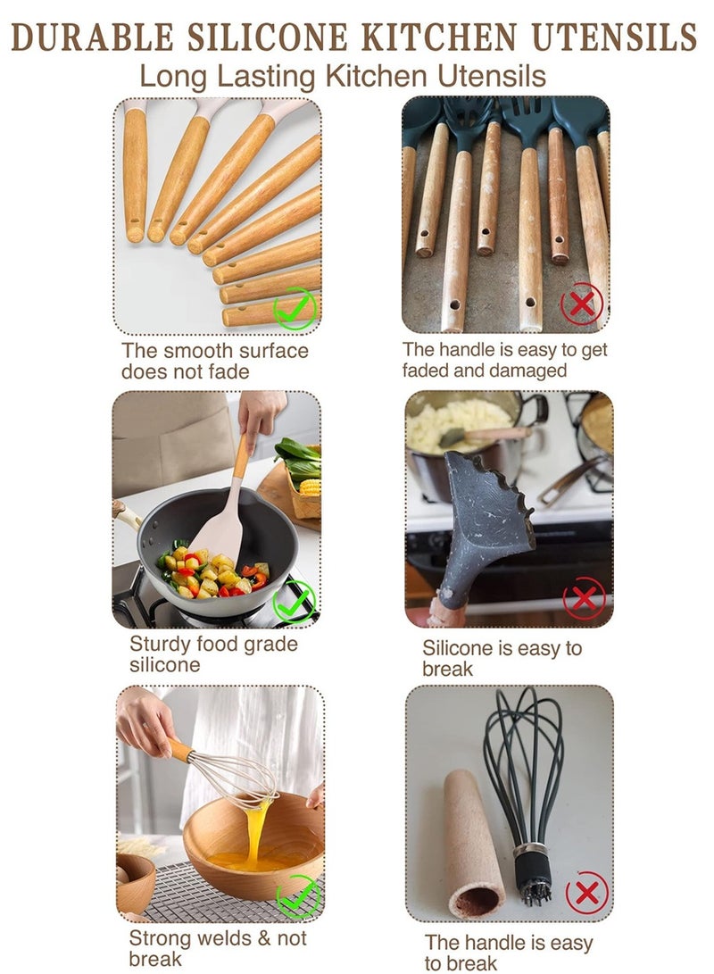 LEOKOR 24 قطعة مجموعة أدوات المطبخ الطبخ مقبض خشبي غير لاصق سيليكون أدوات المطبخ الطبخ ملعقة مجموعة مع حامل - Image 3