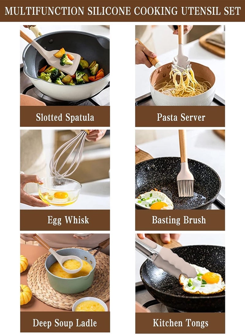 LEOKOR 24 قطعة مجموعة أدوات المطبخ الطبخ مقبض خشبي غير لاصق سيليكون أدوات المطبخ الطبخ ملعقة مجموعة مع حامل - Image 4