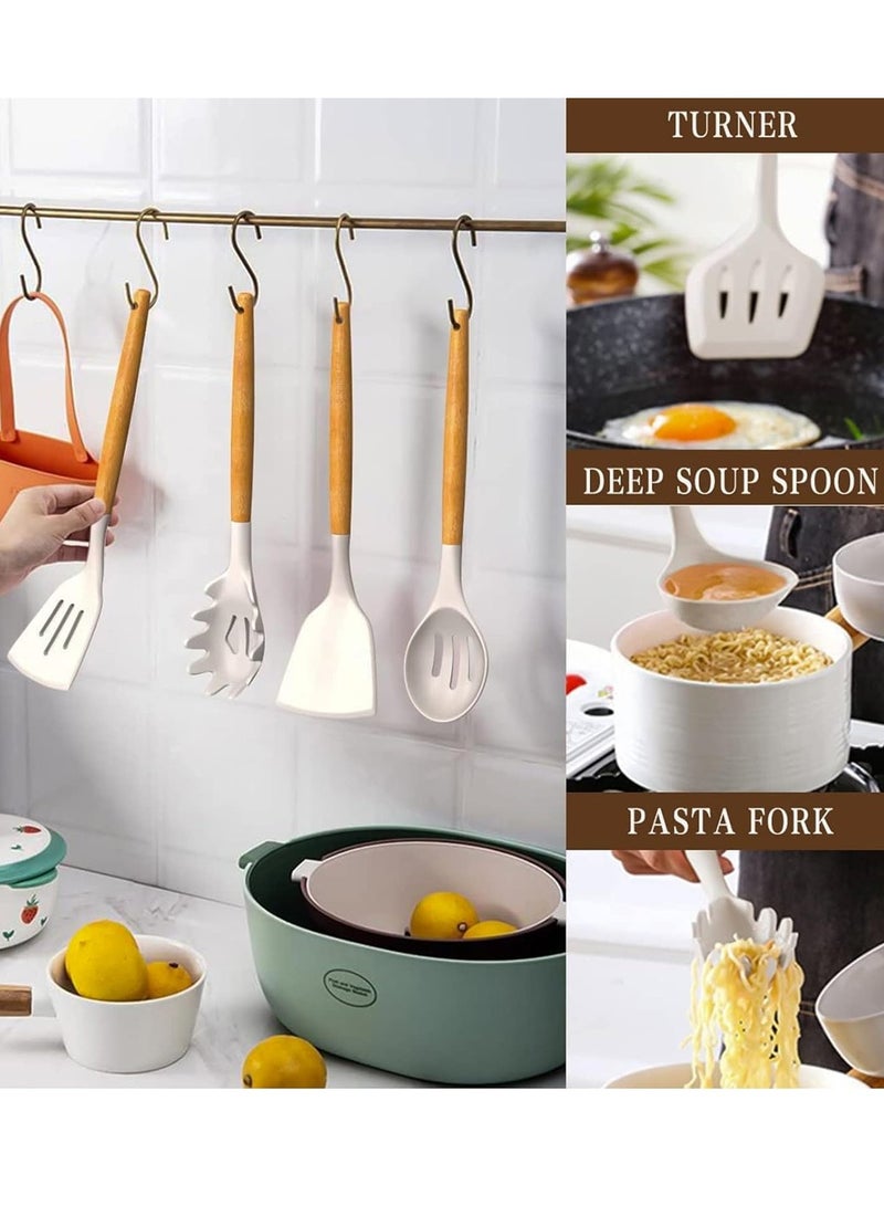 LEOKOR 24 قطعة مجموعة أدوات المطبخ الطبخ مقبض خشبي غير لاصق سيليكون أدوات المطبخ الطبخ ملعقة مجموعة مع حامل - Image 5