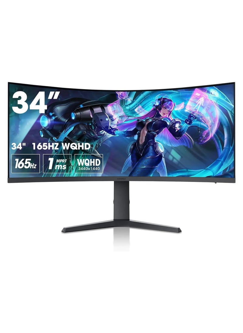 KOORUI - 34-Inch VA WQHD Curved Gaming Monitor, 165Hz Refresh Rate, 21:9 Aspect Ratio, 1ms Refresh Rate, FreeSync/G-Sync Technology, VESA Compatible, DP1.2/DP1.4, Black | 34E6UC - Image 1