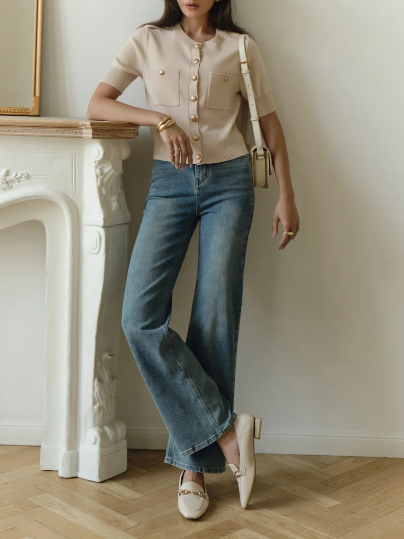 Lichi Short-sleeved knitted cardigan with golden fittings