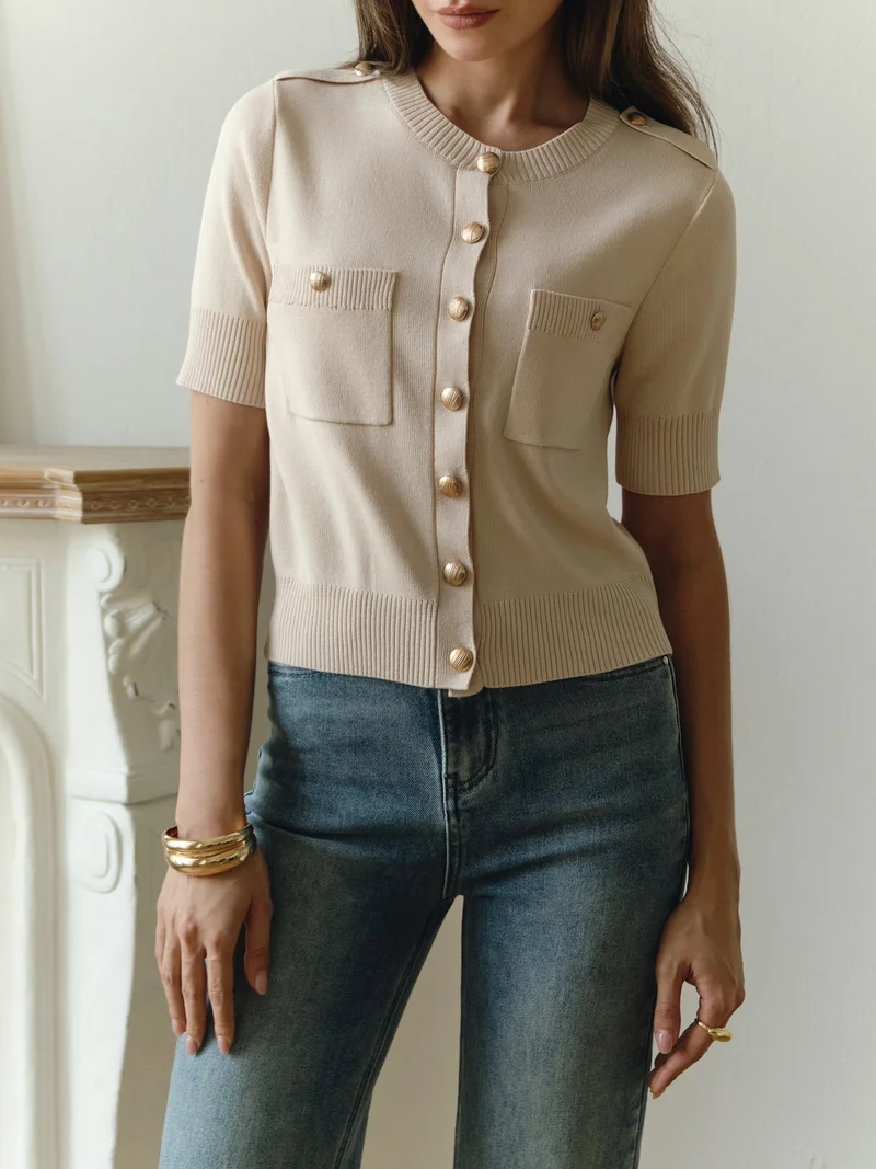Lichi Short-sleeved knitted cardigan with golden fittings